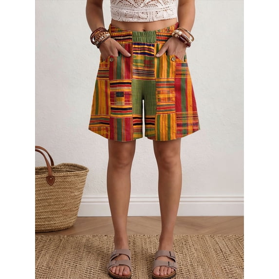 Day Resort Spirit Print High Waisted Casual Lounge Shorts with Pockets, Elastic Waist Athletic Beach