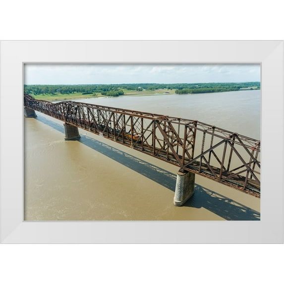 Day, Richard and Susan 14x11 White Modern Wood Framed Museum Art Print Titled - Freight train on Union Pacific railroad crossing the Mississippi river on the Thebes bridge Thebes-