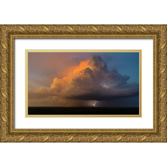 Day, Richard and Susan 32x20 Gold Ornate Wood Framed with Double Matting Museum Art Print Titled - Aerial view of thunderstorm clouds and lightning at sunset-Marion County-Illinois