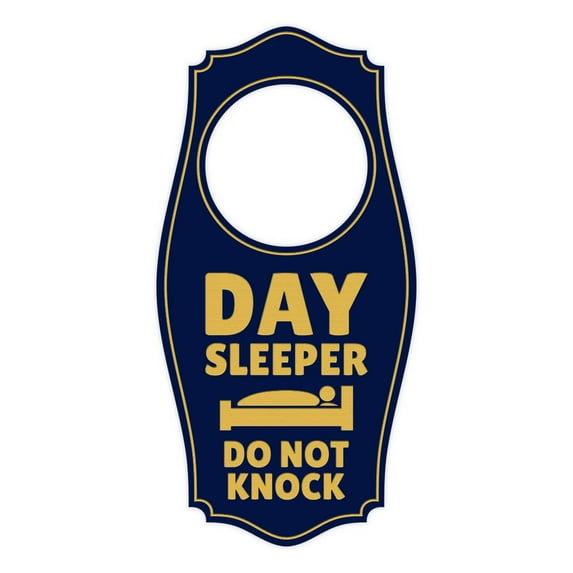 Day Sleeper Do Not Knock Door Hanger | House or Business Door Sign - Navy Blue Gold, 4" x 8"
