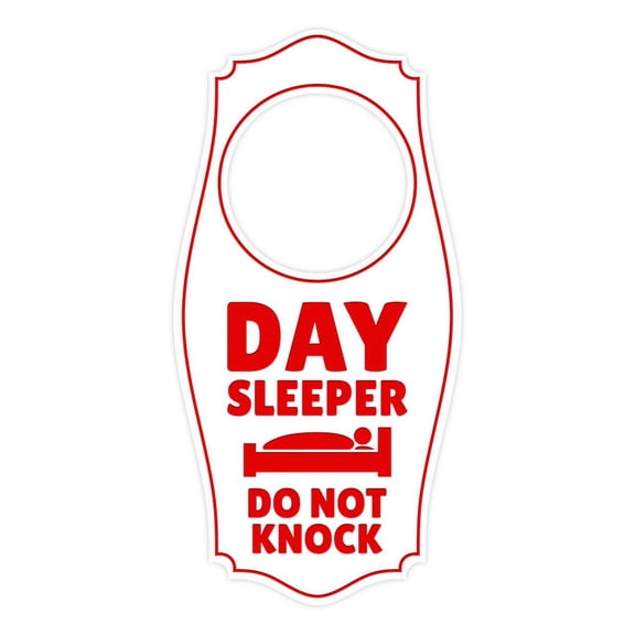Day Sleeper Do Not Knock Door Hanger | House or Business Door Sign - White Red, 4" x 8"
