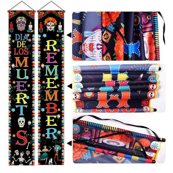 Day of The Dead Decorations Dia De Los Muertos Decor Mexican Fiesta Sugar Skull Flowers Decorations Hanging Wall Door Banner for Halloween Theme Party Decoration