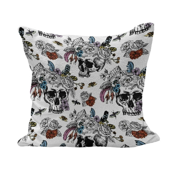 Day of The Dead Fluffy Throw Pillow Cushion Cover, Sugar Skull Flowers Pattern Vintage Rose Bouquet and Bees Retro Print, Decorative Square Accent Pillow Case, 16" x 16", Multicolor, by Ambesonne