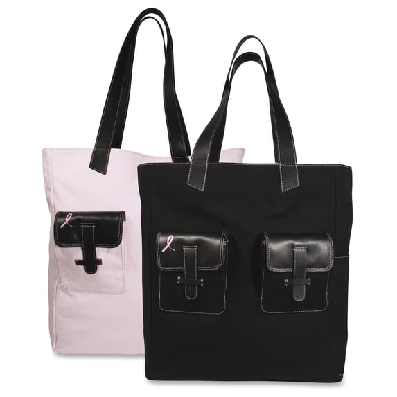 Day-Timer® Pink Ribbon Canvas Tote, Reversible, 13 X 6 X 15, Black/pink