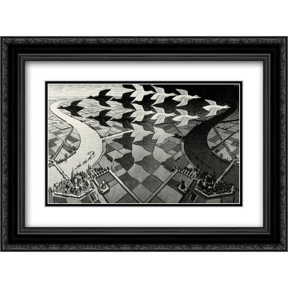 Day and Night 2x Matted 18x15 Black Ornate Framed Art Print by M.C. Escher