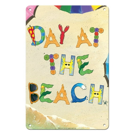 Day at the Beach - Beach Sand Art - From an Original Color Painting by Scott Westmoreland - 8 x 12 inch Vintage Metal Tin Sign
