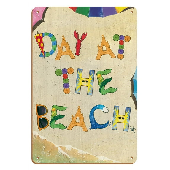 Day at the Beach - Beach Sand Art - From an Original Color Painting by Scott Westmoreland - 8 x 12 inch Vintage Wood Art Sign