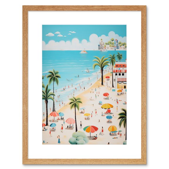 Day at the Beach Summer Holidays Stylised Artwork Pastel Colour Vacation Tourists Coastal Landscape Artwork Framed Wall Art Print 9X7 Inch