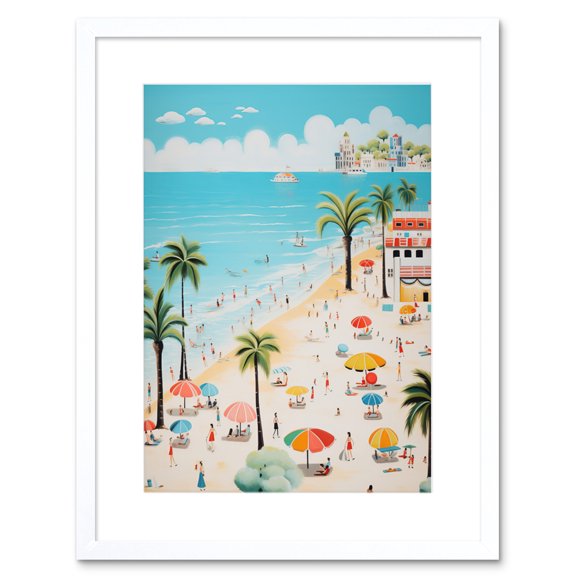 Day at the Beach Summer Holidays Stylised Artwork Pastel Colour Vacation Tourists Coastal Landscape Artwork Framed Wall Art Print 9X7 Inch