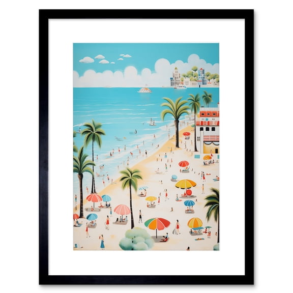 Day at the Beach Summer Holidays Stylised Artwork Pastel Colour Vacation Tourists Coastal Landscape Artwork Framed Wall Art Print 9X7 Inch