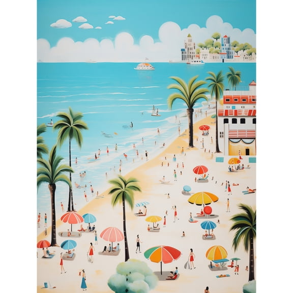 Day at the Beach Summer Holidays Stylised Artwork Pastel Colour Vacation Tourists Coastal Landscape Unframed Wall Art Print Poster Home Decor Premium