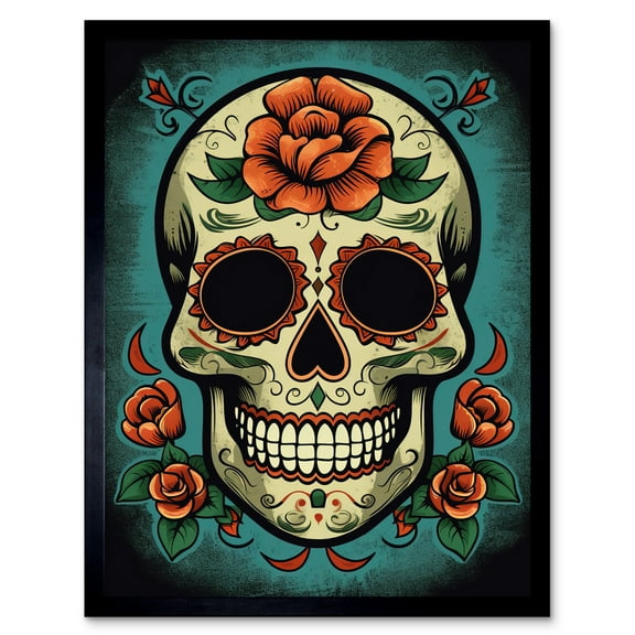 Day of Dead Skull Old School USA Tattoo Ink Body Rockabilly Americana 50s Art Print Framed Poster Wall Decor 12x16 inch