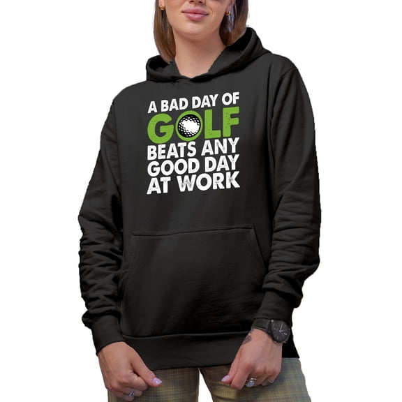 Day of Golf Beats Work Quote with Ball, Golf Player, Golfing or Golfer Themed Merch Gift, Black Hooded Sweatshirt or Hoodie, Small