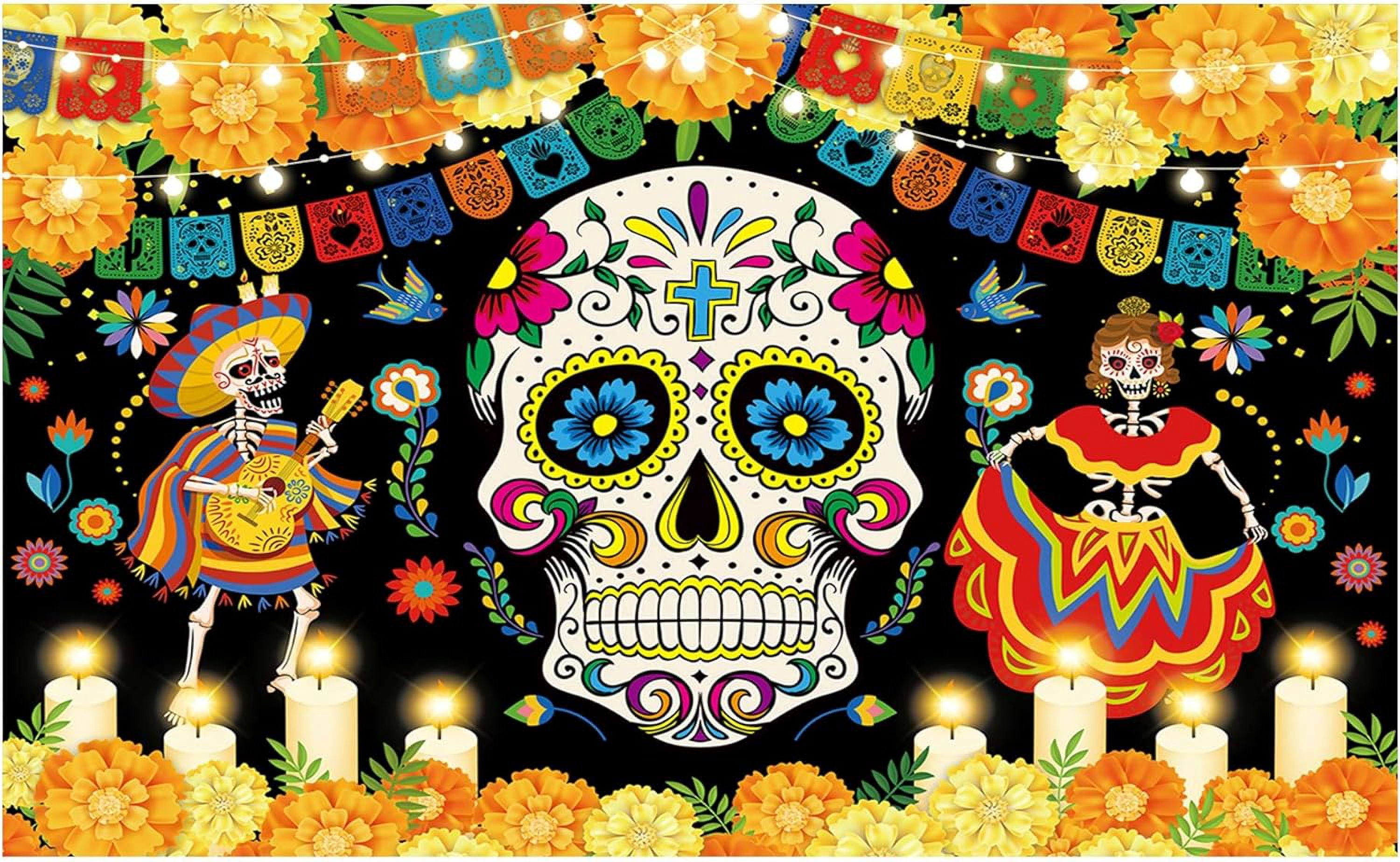 Dia De Los Muertos Aperturee Day Of The Dead Backdrop 7x5ft Mexican Fiesta Sugar Skull Photography Background Dress Up Party Decorations Photo Booth Props Banner Marigold Backdrop