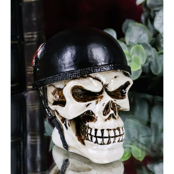 Day of The Dead Biker Skull Skeleton with Red Cross Black Helmet Mini Figurine
