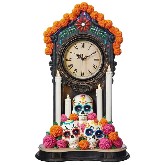 Day of The Dead Clock with LED Candle Lights & Skulls