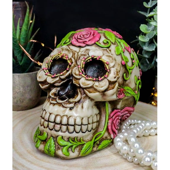 Day of The Dead Pink Floral Roses With Green Vines Sugar Skull Figurine Decor