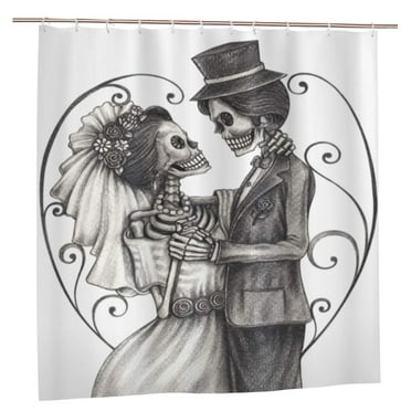 Day of The Dead Shower Curtain, Love Skull Skeleton Marriage Eternal Love Theme Spanish Art, Bathroom Decor 72 x 72in