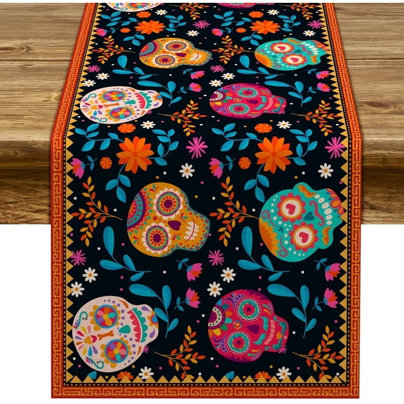 Day of The Dead Table Runner Dia De Los Muertos Sugar Skull Mexico Holiday Party Kitchen Dining Room Home Table Decorations (13.8" x 71")