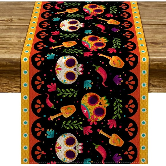 Day of The Dead Table Runner Dia De Los Muertos Sugar Skull Table Decor Mexico Holiday Party Kitchen Dining Home Decoration (13.8" x 90")