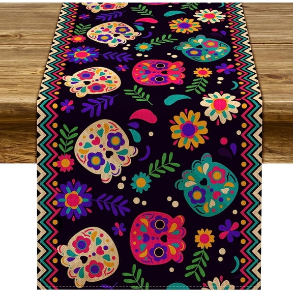 Day of The Dead Table Runner Dia De Los Muertos Sugar Skull Table Decor Mexico Holiday Party Kitchen Dining Room Home Decoration (13.8" x 108")