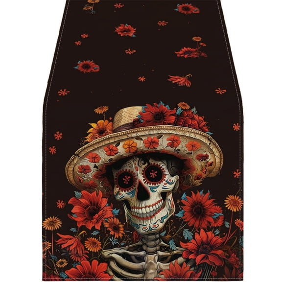 Day of The Dead Table Runner, Mexican Skull Decor, Floral Skeleton Pattern for Halloween Party, Dining Table Centerpiece, 13x90 Inch