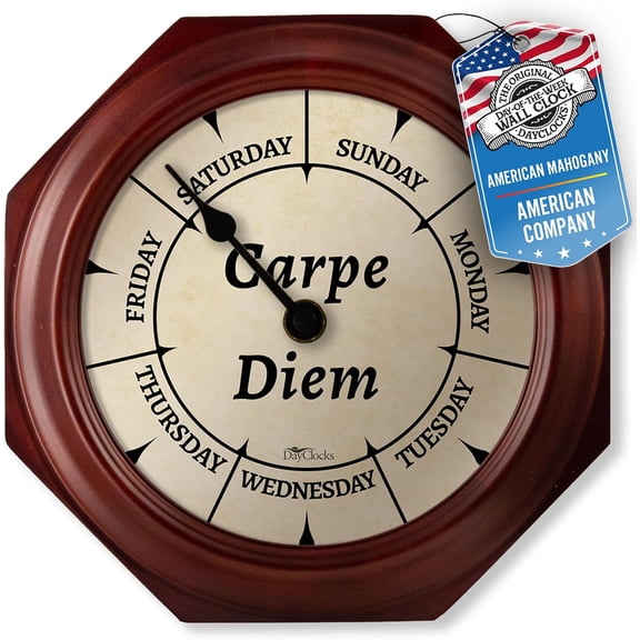 Day of The Week Wall Clock with Solid Wood Frame – Calendar Day Clock – Carpe Diem – Ideal Retirement Gift for Men & Women – Mahogany, 10"