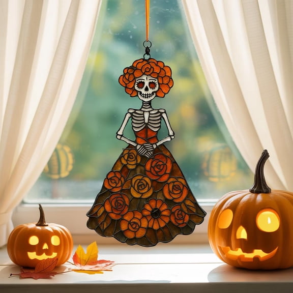 Day of the Dead Acrylic Suncatcher Catrina Skeleton Stained-Glass Style Window Hanging, Halloween Sun-Catcher