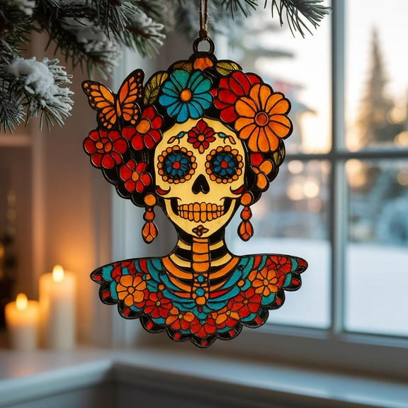 Day of the Dead Acrylic Suncatcher Sugar Skull Faux Stained-Glass Ornament, Mexican Skull Window Hanging, Día de los Muertos Decor