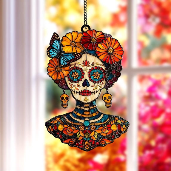 Day of the Dead Acrylic Suncatcher – Sugar Skull Faux Stained Glass Suncatcher with Marigold & Butterfly, Gift for Dia de Muertos 4330506439 4492