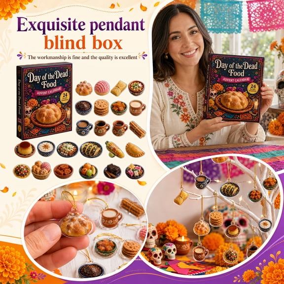 Day of the Dead Advent Calendar with 24 Pcs Acrylic Pendants, Mexican Food Countdown Box for Halloween Altar Decor, 1 Count