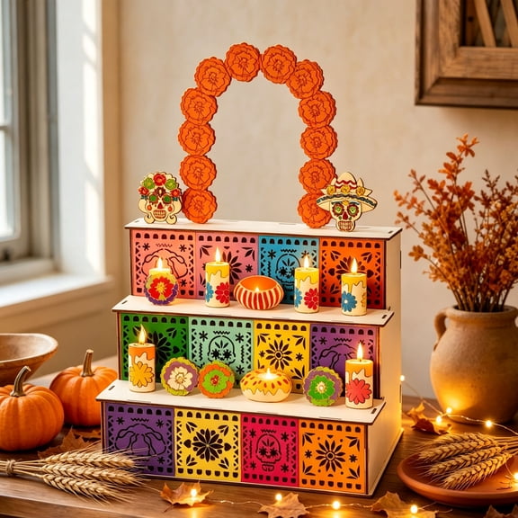 Day of the Dead Altar Stand - 3-Tier Wooden Ofrenda Display Shelf with Sugar Skull and Marigold Cutouts, Easy Slot-Assembly Tabletop Memorial Decor