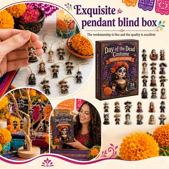 Day of the Dead Costume Advent Calendar, 24 Days Countdown with 2D Acrylic Ornaments, Dia de los Muertos Party Decorations, Gift for Kids Adults