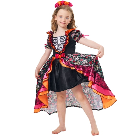 Day of the Dead Costume for Girls,Kids Mexican Dress with Flower Headdress and Halloween Skull Design(110CM)