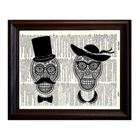 Day of the Dead Couple - Dictionary Art Print Printed On Authentic Vintage Dictionary Book Page - 8 x 10.5