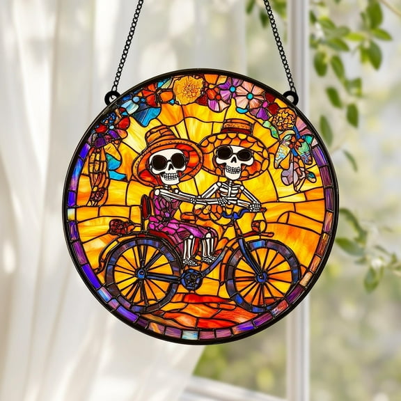 Day of the Dead Couple Sugar Skull Suncatcher, Faux Stained Glass Calavera Stained Glass Window Decor for Halloween, Mexican Fall Altars