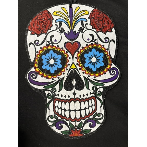 Day of the Dead Hanging Decoration Glitter Skull Plaque Heart &Rose MultiColor