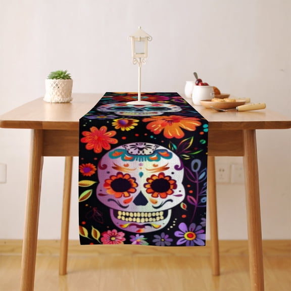 Day of the Dead Inspired (1) Table Runner, Seasonal Fall Winter Kitchen Dining Table Decoration for Home Party Decor 13x72 Inch