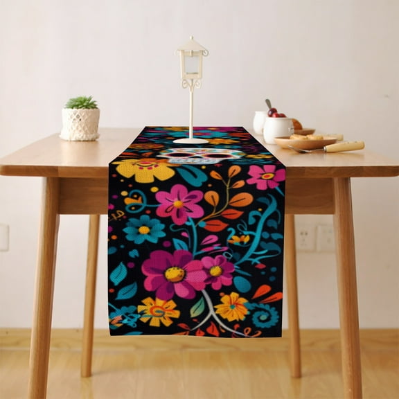 Day of the Dead Inspired (4) Table Runner, Seasonal Fall Winter Kitchen Dining Table Decoration for Home Party Decor 13x48 Inch