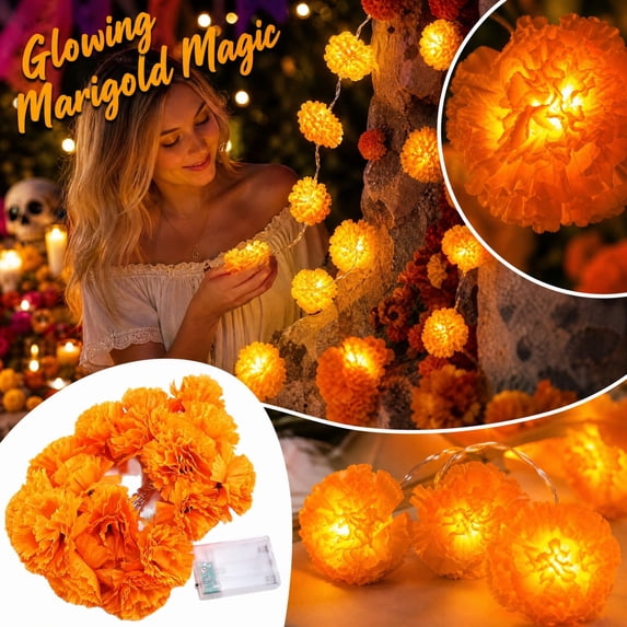 Day of the Dead Lights with Marigold Flowers, Battery Operated Dahlia String Lights for Dia de los Muertos Ofrenda and Patio Decor C