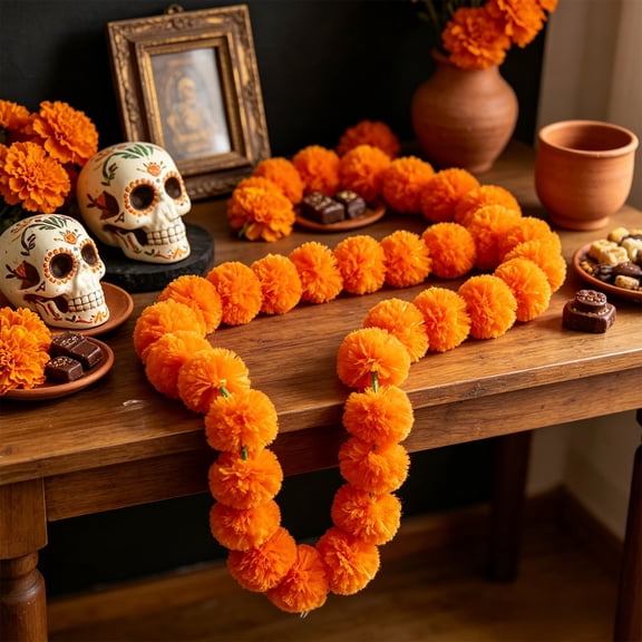 Day of the Dead Marigold Garland, 59 in Reusable Plastic Flower Hanging Decor, 1 Pack for Diwali Party Altar Doorway