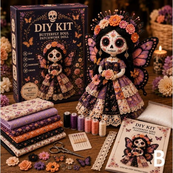 Day of the Dead Patchwork Doll DIY Kit - Halloween Textile Art Craft Set featuring Floral Patterns for Weekend Projects (B)