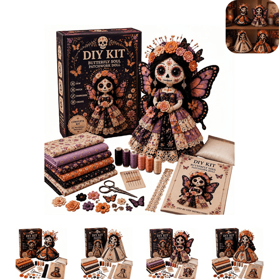 Day of the Dead Patchwork Doll DIY Kit, Skeleton Bride Butterfly Spirit Catrina Doll Sewing Kit, Autumn Day of Dead Themed Handmade Collector Gift B