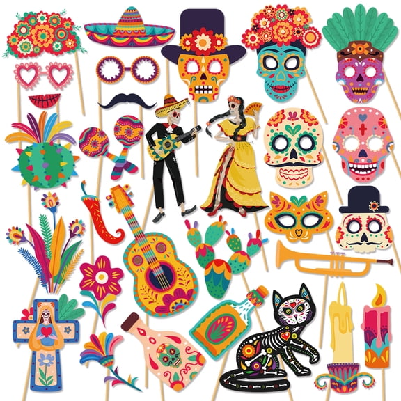 Day of the Dead Photo Booth Props, Dia De Los Muertos Decorations, Mexican Skull Photo Booth Props, Halloween Party Supplies, 30Pcs