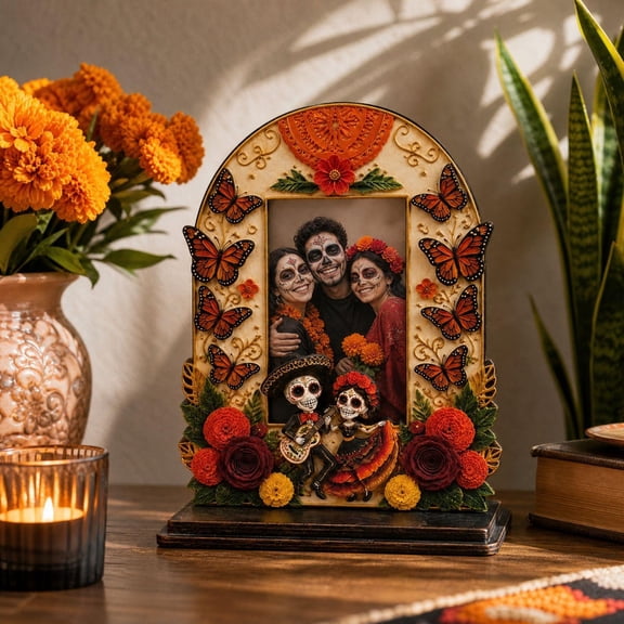 Day of the Dead Photo Frames , Wooden Dia De Los Muertos Altar Decor Sugar Skull Picture Frame for Tabletop Display;Memorial Mexican Fiesta Decor