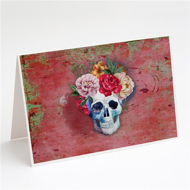 Day of the Dead Red Flowers Skull Greeting Cards & Envelopes - Pack of 8