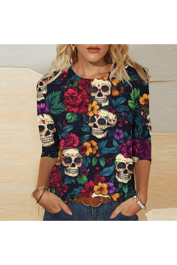 Day of the Dead Shirts for Women Dia De Los Muertos 3/4 Sleeve Shirt Sugar Skull Plus Size Crew Neck Tunic Tops Winter Cozy Casual Sweatshirts