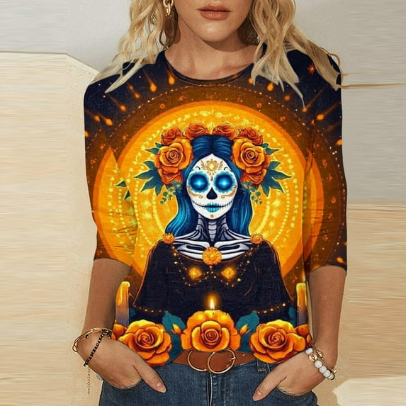 Xdegoge Day of the Dead Shirts for Women Dia De Los Muertos 3/4 Sleeve Shirt Sugar Skull Plus Size Crew Neck Tunic Tops Winter Cozy Casual Sweatshirts