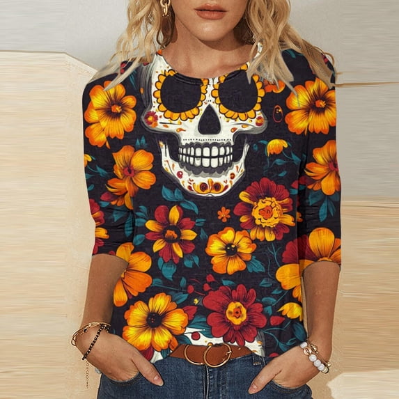 Xdegoge Day of the Dead Shirts for Women Dia De Los Muertos 3/4 Sleeve Shirt Sugar Skull Plus Size Crew Neck Tunic Tops Winter Cozy Casual Sweatshirts