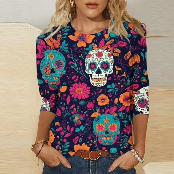 Xdegoge Day of the Dead Shirts for Women Dia De Los Muertos 3/4 Sleeve Shirt Sugar Skull Plus Size Crew Neck Tunic Tops Winter Cozy Casual Sweatshirts